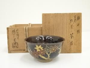 茶入　＊共箱付　膳所焼　仕覆付　茶道具 膳所焼 肩衝茶入 淡海ぜぜ 陽炎園造 共箱 象牙蓋 仕覆（獅子狩文様錦